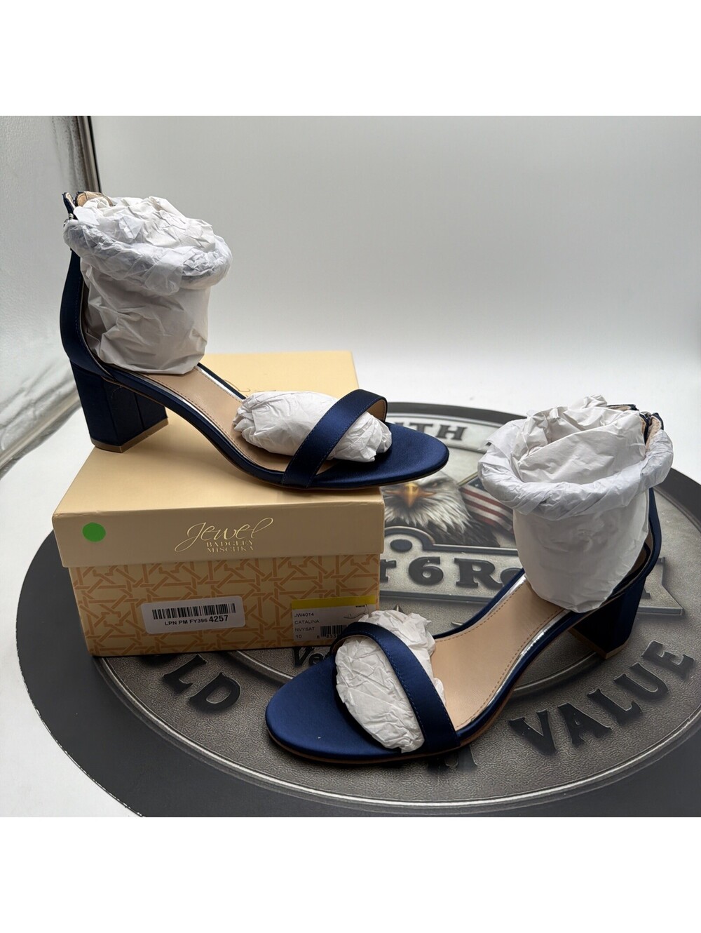 Jewel Badgley Mischka Danni II Low Block Heel Sandal Navy/Satin Size 10